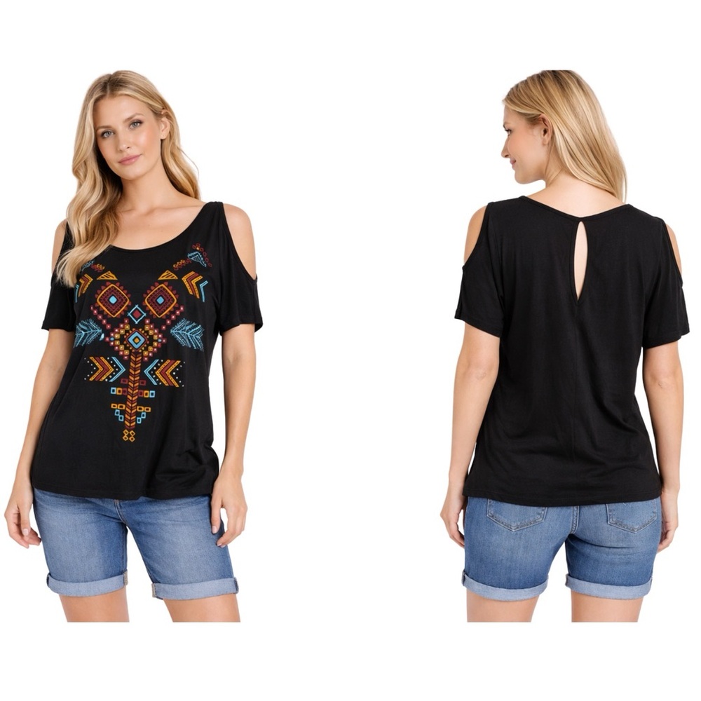 NWOT Agenda Southwestern Cold-Shoulder Design with Silver Studs Black Blouse